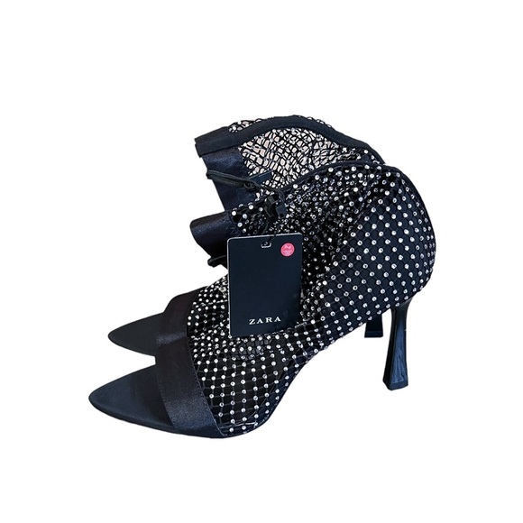 Zara Stretch Mesh Rhinestone Open Toe Stiletto Ankle Booties - Picture 9 of 14